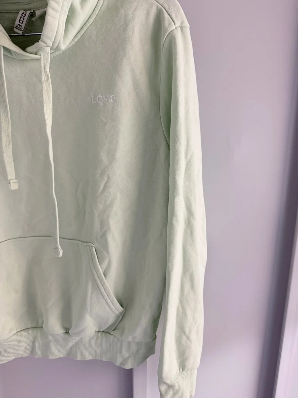 H&M Mint Sage Green Love Embroidered Fleece Hoodie M - Picture 3 of 8
